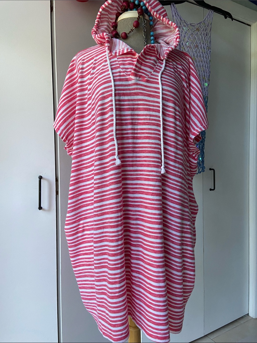 Hooded Pink & White Striped Beach Poncho